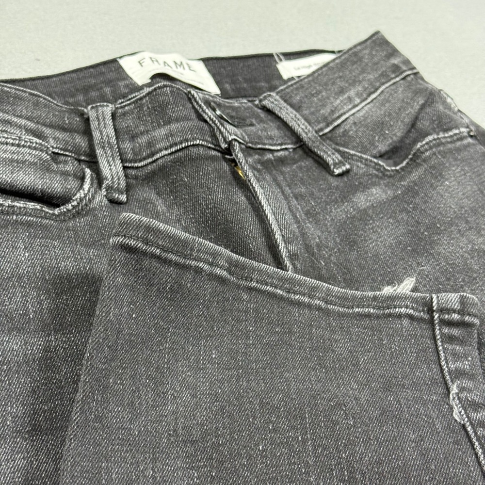 FRAME Denim Le High Straight Jeans Black Distressed Split Frayed Hem Womens 25